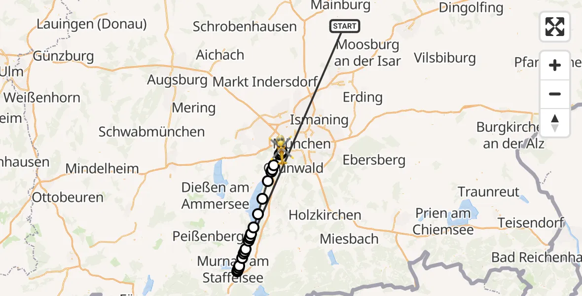Flugroute Rettungshubschrauber Rudelzhausen - DRF Air Rescue München Hubschrauberlandeplatz, 15 Oktober 2026, 19:29