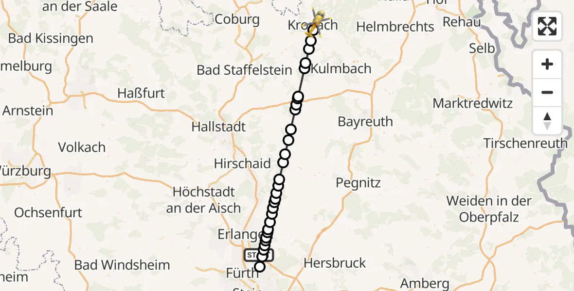 Flugroute Rettungshubschrauber Neunhofer Forst - Kronach, 15 Oktober 2026, 19:42