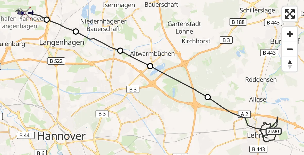 Flugroute Polizeihubschrauber Lehrte - Flughafen Hannover, 15 Oktober 2026, 20:16