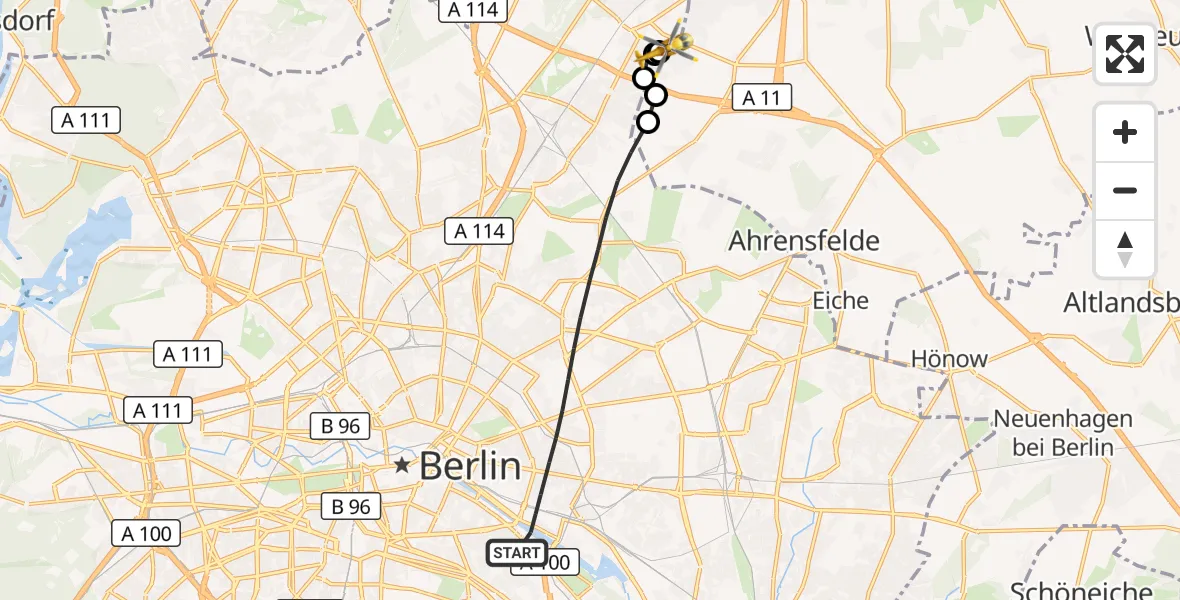 Flugroute Rettungshubschrauber Berlin - Helios Clinic Berlin-Buch, 15 Oktober 2026, 20:19