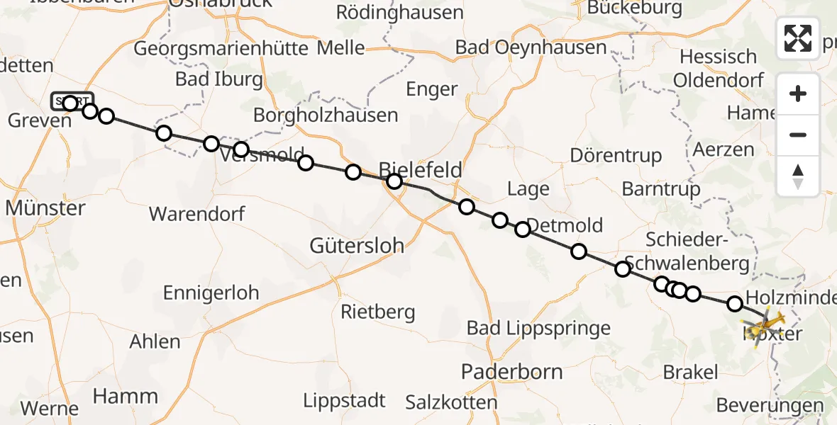 Flugroute Ambulanzhubschrauber Christoph  Westfalen-ADAC - Höxter, 15 Oktober 2026, 22:05