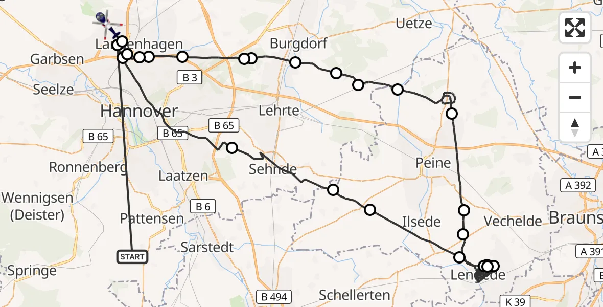 Flugroute Polizeihubschrauber Pattensen - Flughafen Hannover, 15 Oktober 2026, 23:29