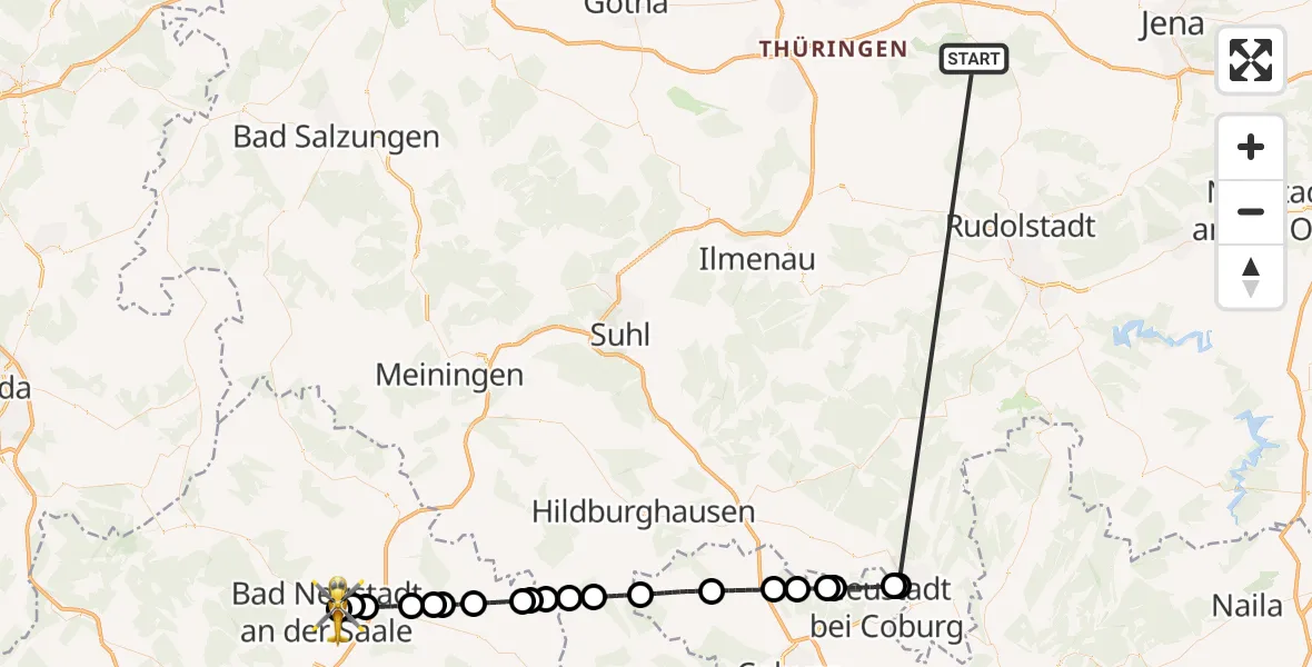 Flugroute Ambulanzhubschrauber Bad Berka Central Hospital - Bad Neustadt an der Saale Hospital, 16 Oktober 2026, 01:19