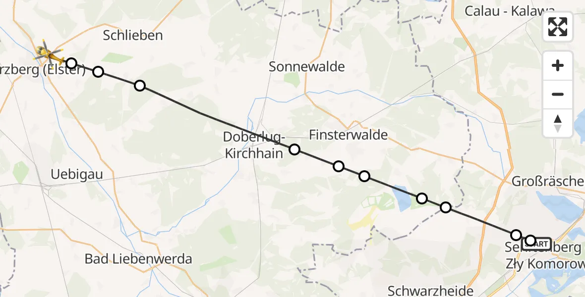 Flugroute Ambulanzhubschrauber ADAC Luftrettungsstation Senftenberg Hubschrauberlandeplatz - Herzberg (Elster), 16 Oktober 2026, 05:17