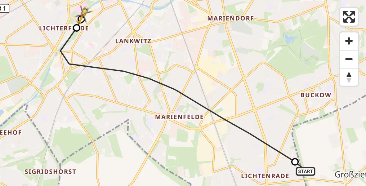 Flugroute Rettungshubschrauber Schönefeld - Charité Clinic Benjamin Franklin Campus, 16 Oktober 2026, 05:50