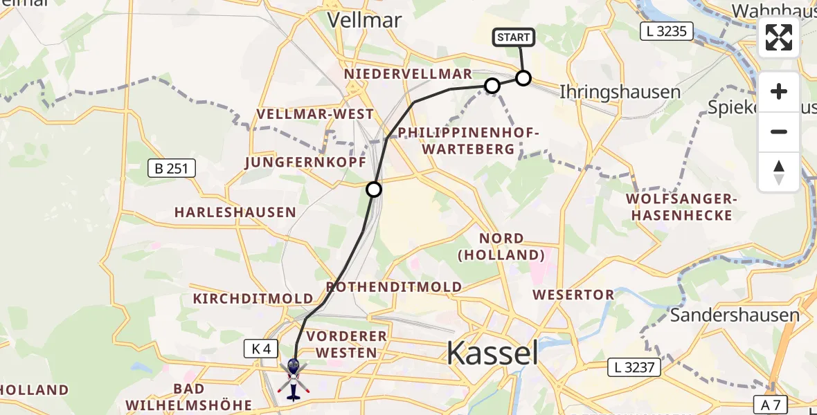Flugroute Polizeihubschrauber Fuldatal Bundespolizei Hubschrauberlandeplatz - Kassel, 16 Oktober 2026, 05:52
