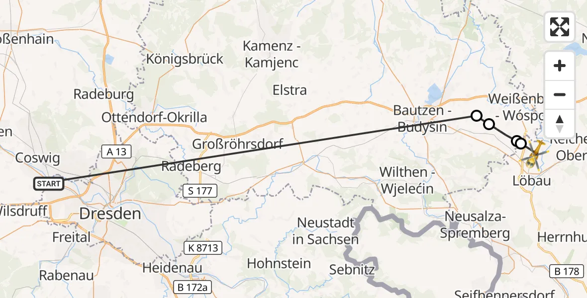 Flugroute Rettungshubschrauber Dresden - Löbau, 16 Oktober 2026, 06:50
