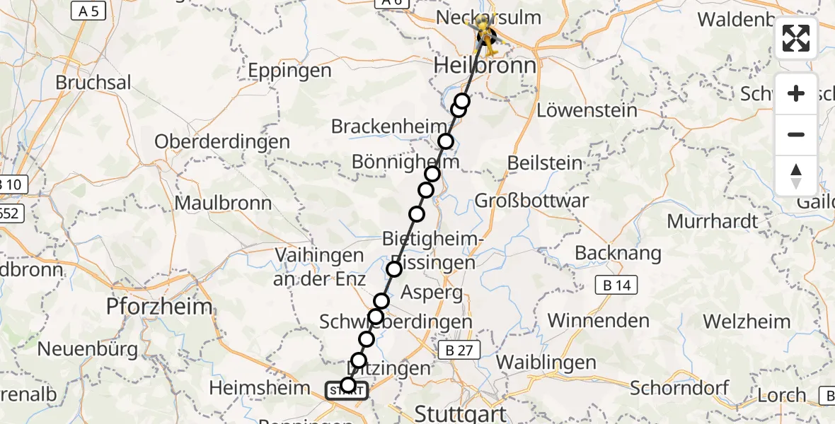 Flugroute Rettungshubschrauber Leonberg Hospital - Neckarsulm, 16 Oktober 2026, 06:51