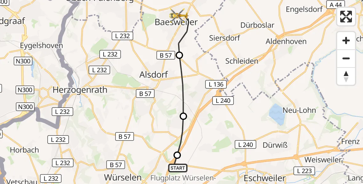 Flugroute Rettungshubschrauber Aachen-Merzbrück Flughafen - Baesweiler, 16 Oktober 2026, 06:58