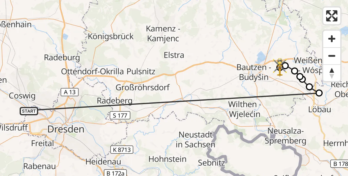 Flugroute Rettungshubschrauber Dresden - Bautzen Flugplatz, 16 Oktober 2026, 07:33