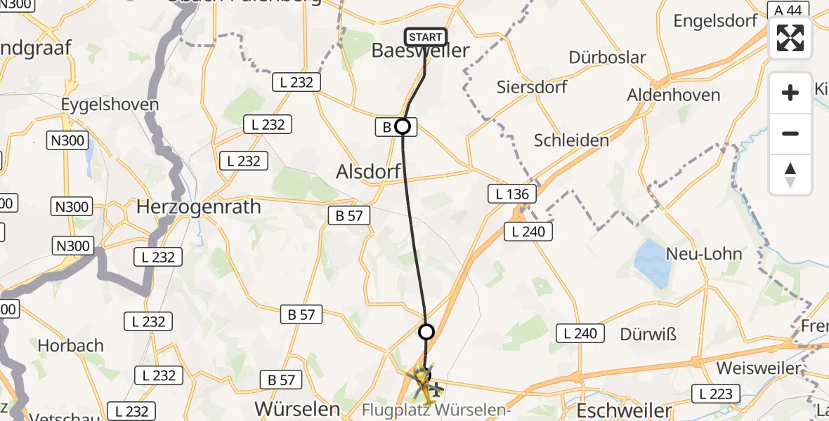 Flugroute Rettungshubschrauber Baesweiler - Aachen-Merzbrück Flughafen, 16 Oktober 2026, 07:40