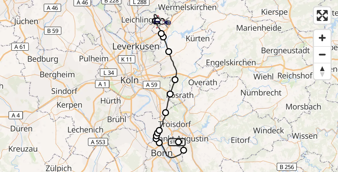 Flugroute Polizeihubschrauber Bonn-Hangelar Flugplatz - Burscheid, 16 Oktober 2026, 07:41