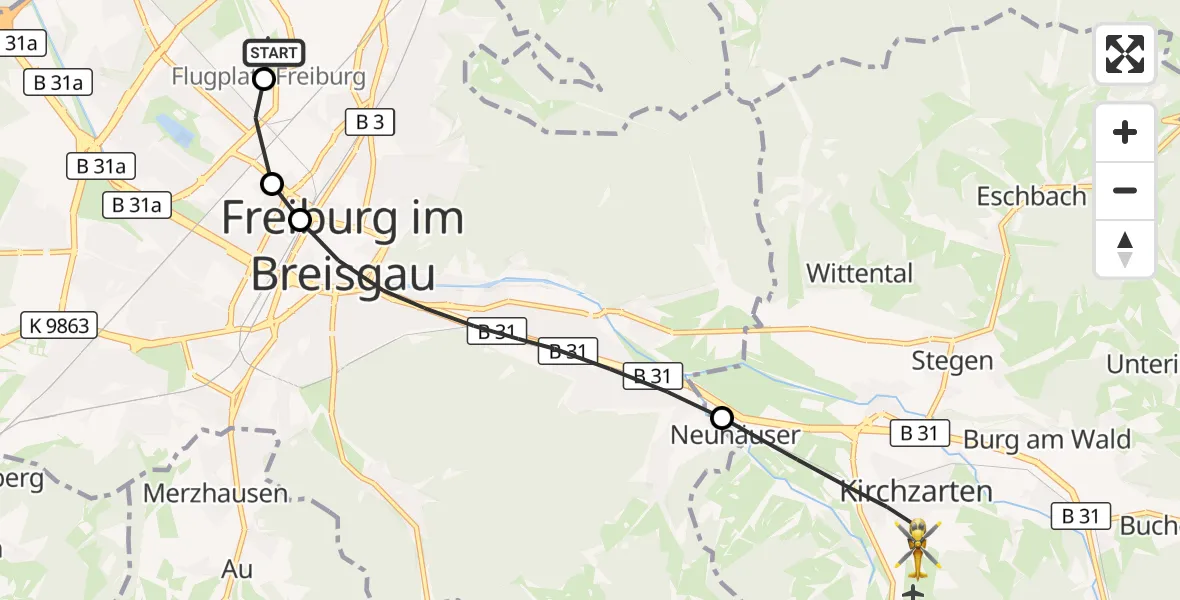 Flugroute Ambulanzhubschrauber Freiburg im Breisgau Flugplatz - Kirchzarten, 16 Oktober 2026, 07:53