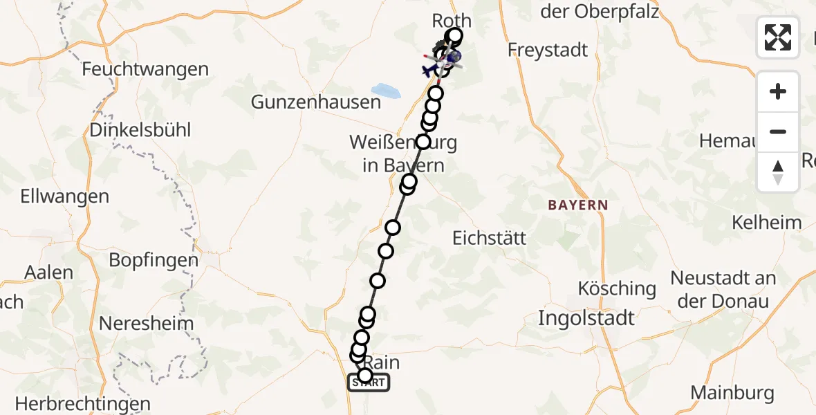 Flugroute Polizeihubschrauber Rain - Georgensgmünd, 16 Oktober 2026, 07:55