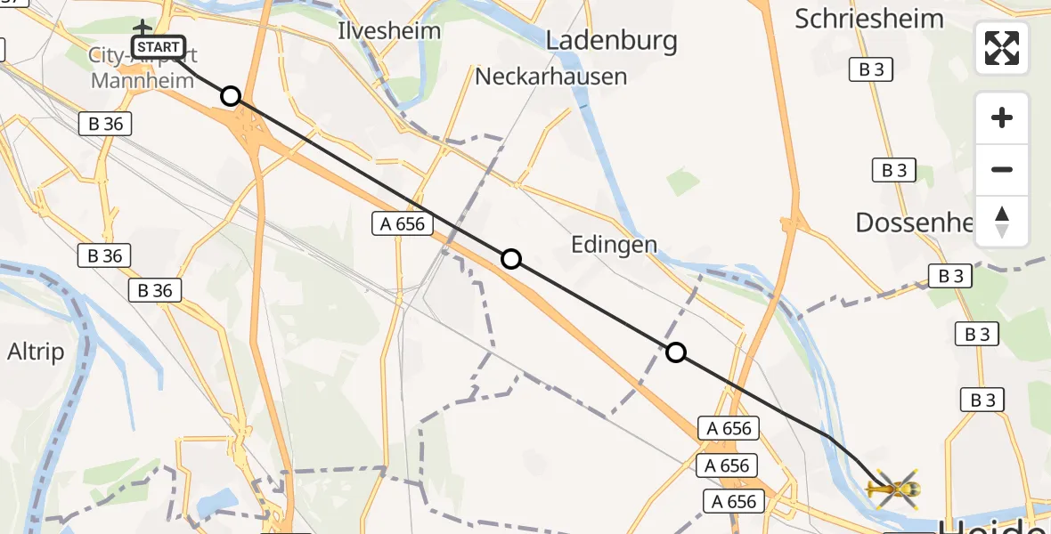 Flugroute Rettungshubschrauber Mannheim-City Flughafen - Heidelberg, 16 Oktober 2026, 08:14