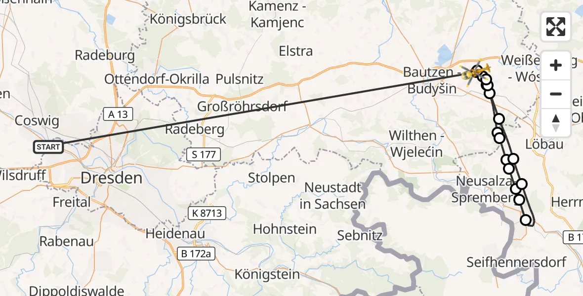 Flugroute Rettungshubschrauber Dresden - Bautzen Flugplatz, 16 Oktober 2026, 08:21