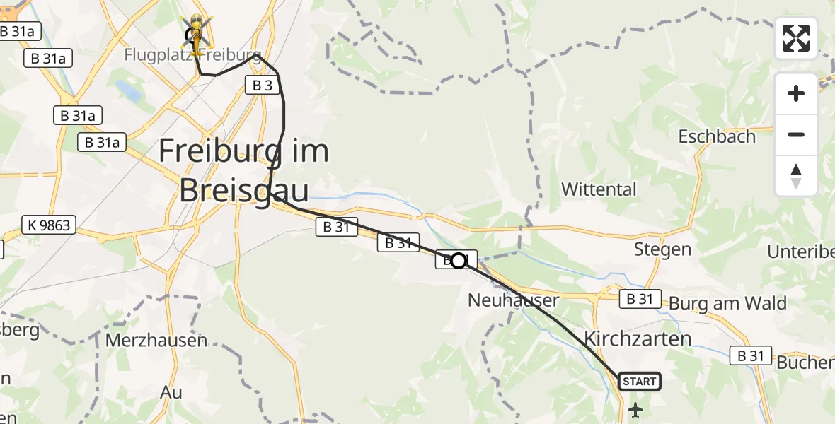 Flugroute Ambulanzhubschrauber Kirchzarten - Freiburg im Breisgau Flugplatz, 16 Oktober 2026, 08:22