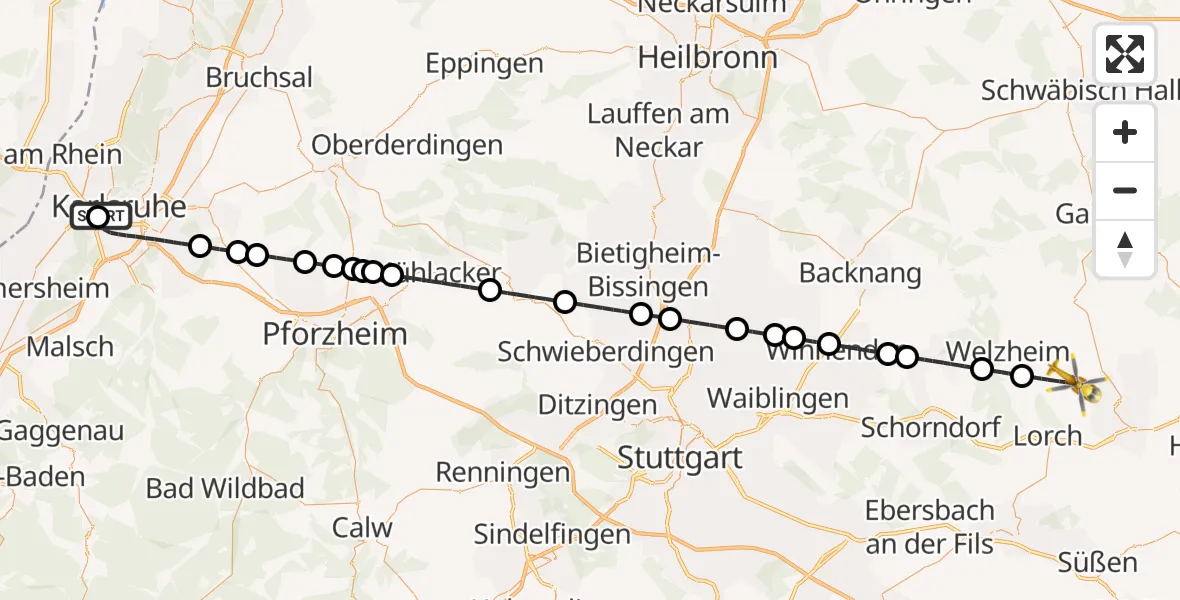 Flugroute Ambulanzhubschrauber Sankt Vincentius Hospital - Alfdorf, 16 Oktober 2026, 08:36