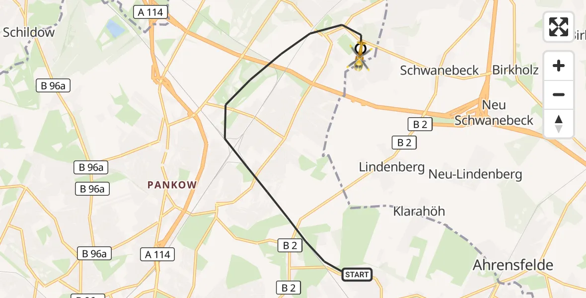 Flugroute Rettungshubschrauber Berlin - Helios Clinic Berlin-Buch, 16 Oktober 2026, 08:41