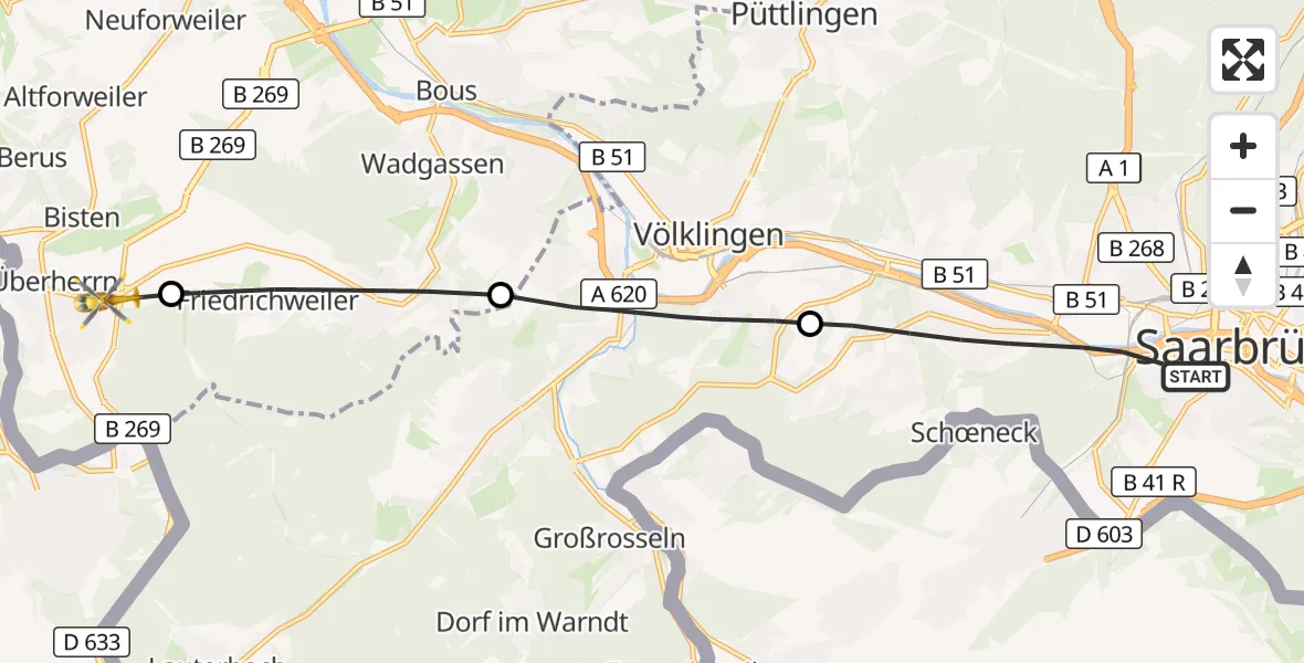 Flugroute Rettungshubschrauber Saarbrücken - Überherrn, 16 Oktober 2026, 08:44