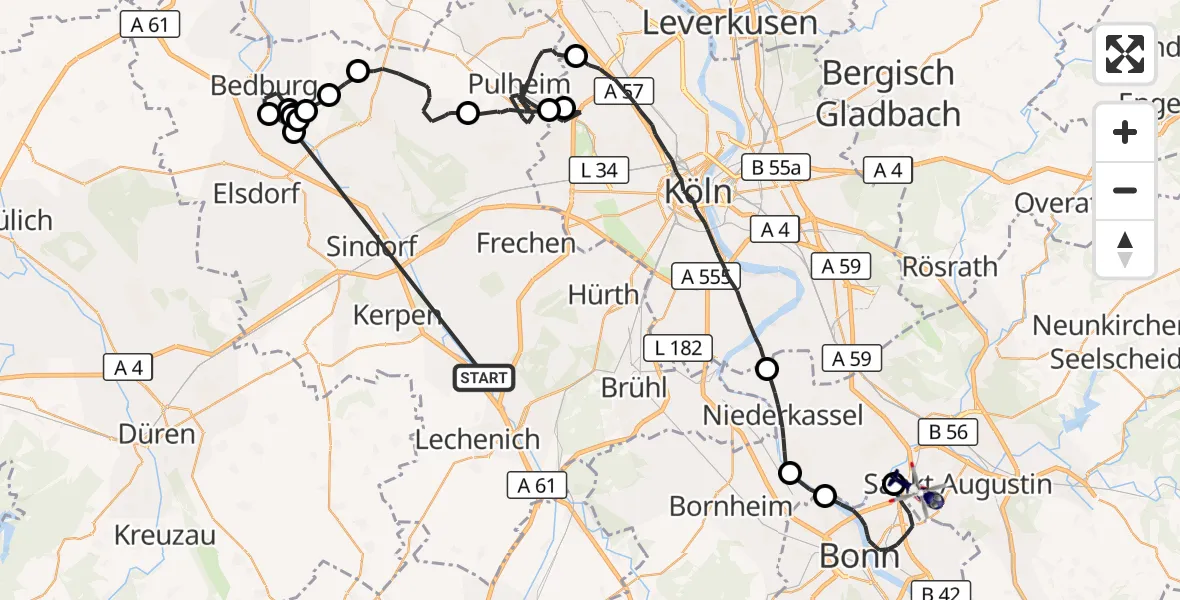 Flugroute Polizeihubschrauber Erftstadt - Sankt Augustin, 16 Oktober 2026, 08:45