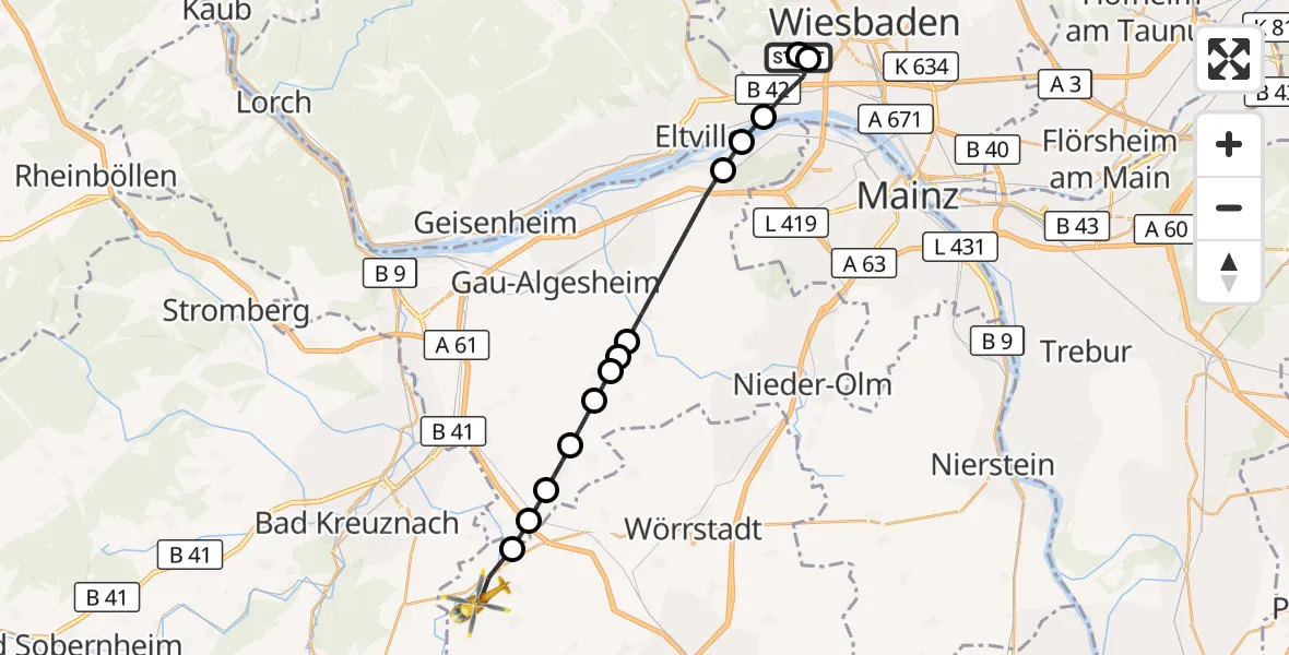 Flugroute Rettungshubschrauber Helios Horst Schmidt Clinic (HSK) - Wöllstein, 16 Oktober 2026, 09:05