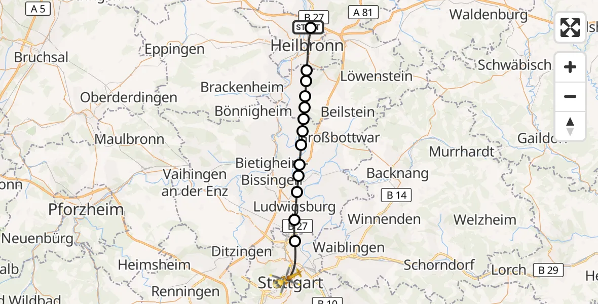 Flugroute Rettungshubschrauber Neckarsulm - Stuttgart, 16 Oktober 2026, 09:08