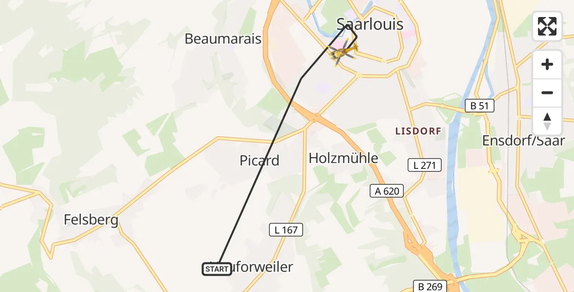 Flugroute Rettungshubschrauber Saarlouis - Saarlouis, 16 Oktober 2026, 09:14