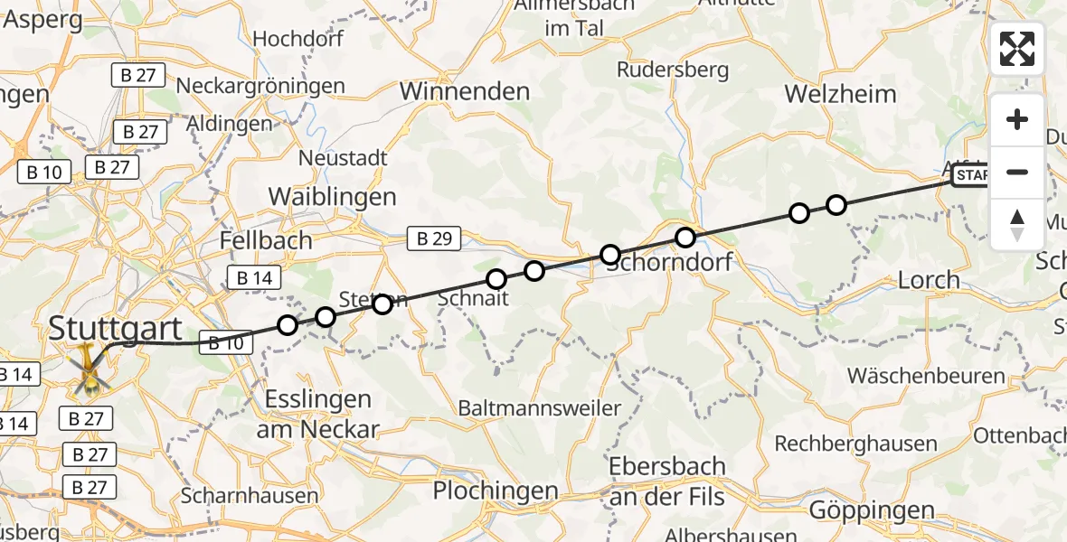 Flugroute Ambulanzhubschrauber Alfdorf - Stuttgart, 16 Oktober 2026, 09:25