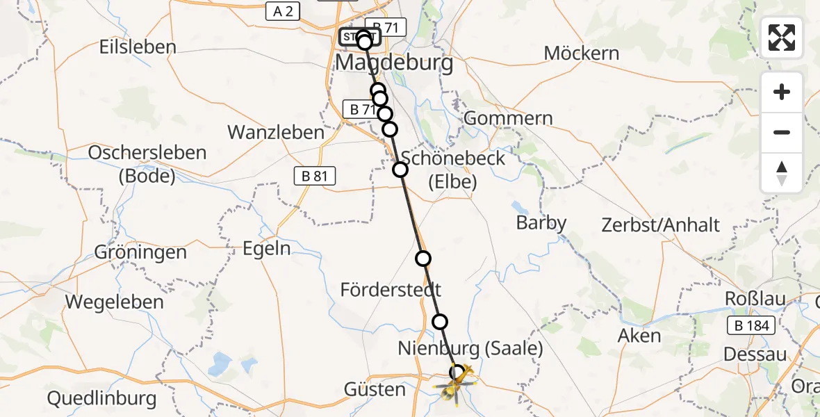 Flugroute Rettungshubschrauber Magdeburg Hospital - Bernburg (Saale), 16 Oktober 2026, 09:25