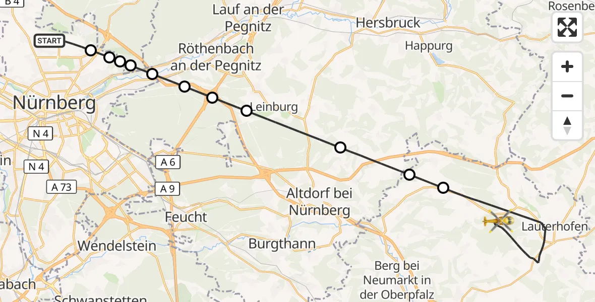Flugroute Ambulanzhubschrauber Flughafen Nuremberg - Lauterhofen, 16 Oktober 2026, 09:26