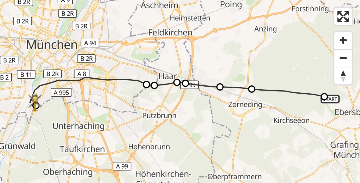 Flugroute Rettungshubschrauber Ebersberg - München, 16 Oktober 2026, 09:32