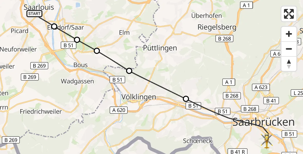 Flugroute Rettungshubschrauber Saarlouis - Saarbrücken, 16 Oktober 2026, 09:34