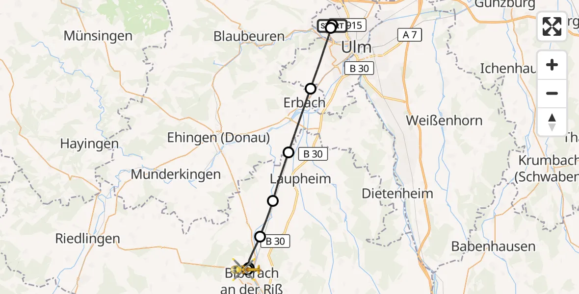 Flugroute Rettungshubschrauber Ulm Military Hospital Emergency - Sana Clinic Biberach District Hospital, 16 Oktober 2026, 09:44