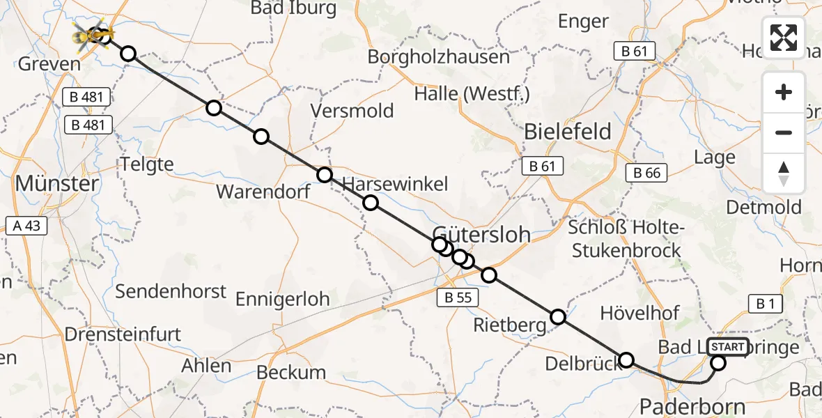 Flugroute Ambulanzhubschrauber Bad Lippspringe - Christoph  Westfalen-ADAC, 16 Oktober 2026, 09:50