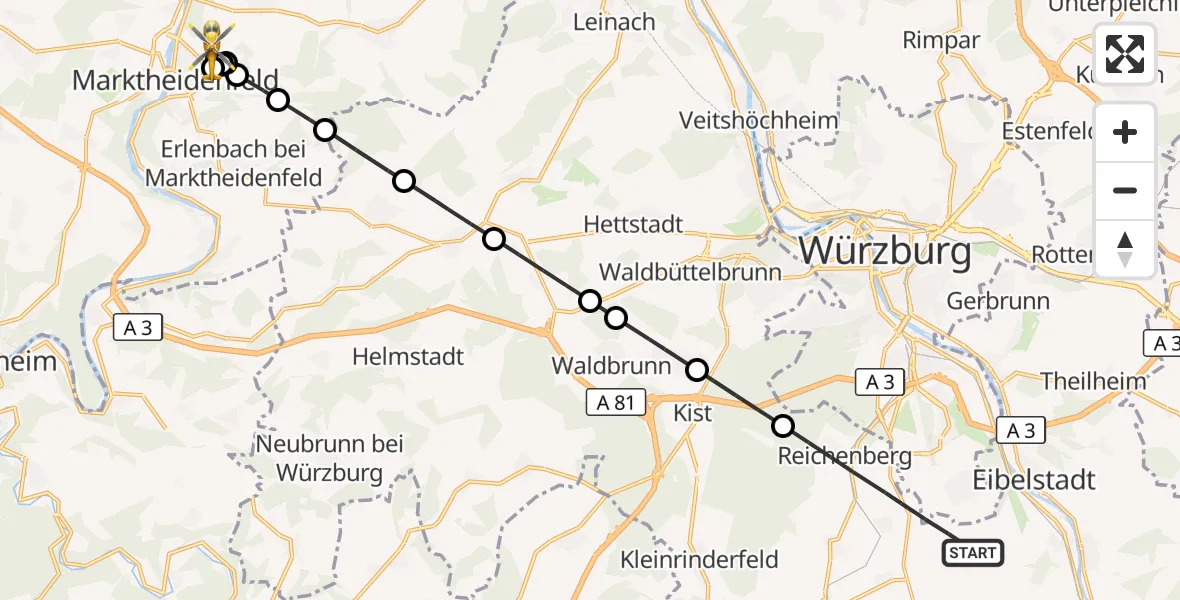 Flugroute Rettungshubschrauber Reichenberg - Marktheidenfeld, 16 Oktober 2026, 09:59