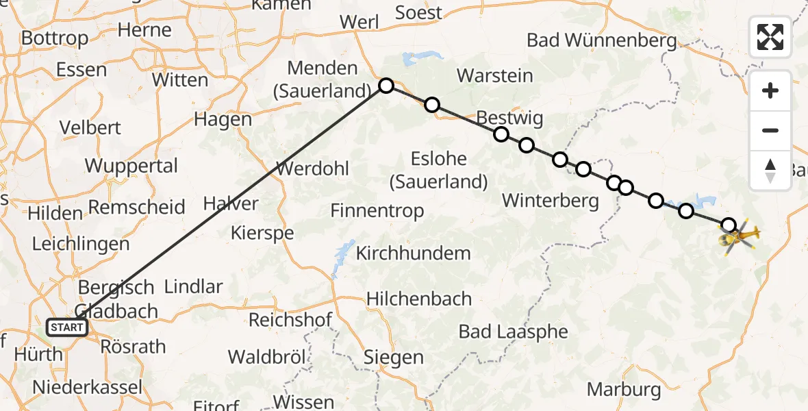 Flugroute Rettungshubschrauber Köln - Bad Wildungen, 16 Oktober 2026, 09:59
