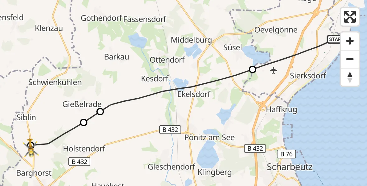 Flugroute Rettungshubschrauber Sierksdorf - Christoph 12 Luftrettungszentrum, 16 Oktober 2026, 09:59