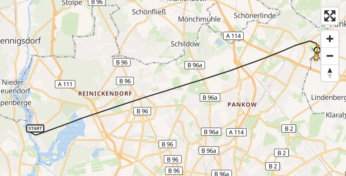 Flugroute Rettungshubschrauber Berlin - Helios Clinic Berlin-Buch, 16 Oktober 2026, 09:59