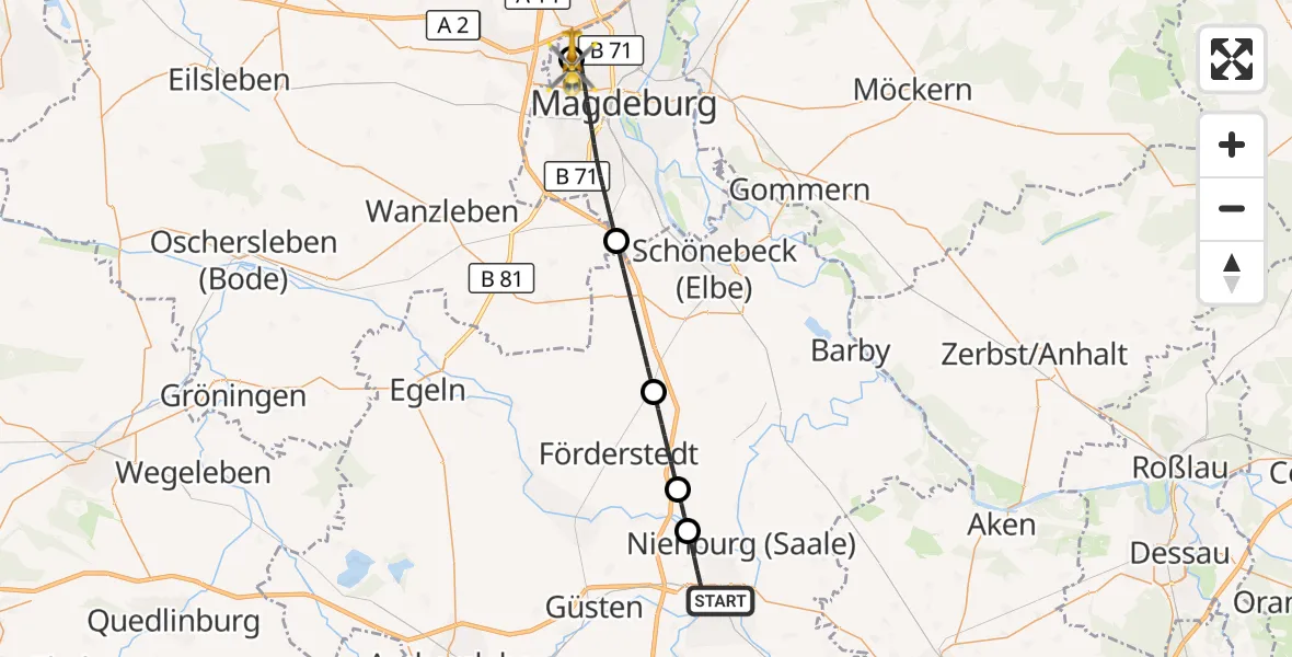 Flugroute Rettungshubschrauber Bernburg (Saale) - Magdeburg Hospital, 16 Oktober 2026, 10:02