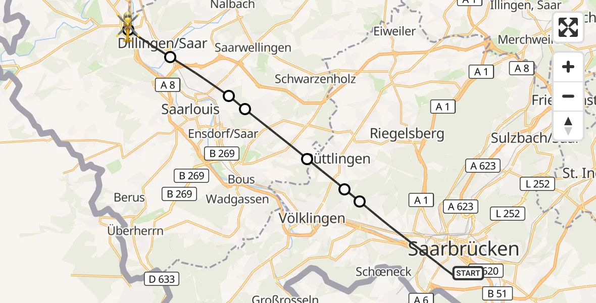 Flugroute Rettungshubschrauber Saarbrücken - Rehlingen-Siersburg, 16 Oktober 2026, 10:03