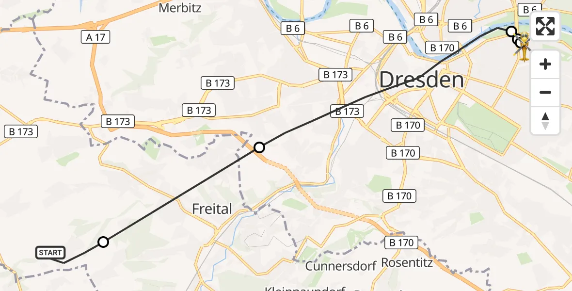 Flugroute Rettungshubschrauber Wilsdruff - Dresden University Hospital, 16 Oktober 2026, 10:06