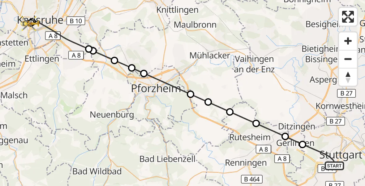 Flugroute Ambulanzhubschrauber Stuttgart - Sankt Vincentius Hospital, 16 Oktober 2026, 10:06