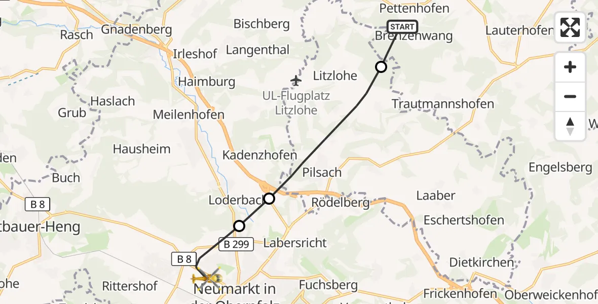 Flugroute Ambulanzhubschrauber Lauterhofen - Neumarkt-Oberpfalz Flugplatz, 16 Oktober 2026, 10:21