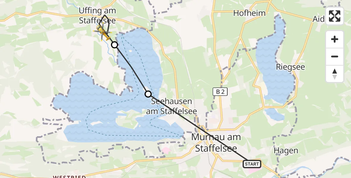 Flugroute Rettungshubschrauber Murnau Accident Hospital - Uffing a.Staffelsee, 16 Oktober 2026, 10:21