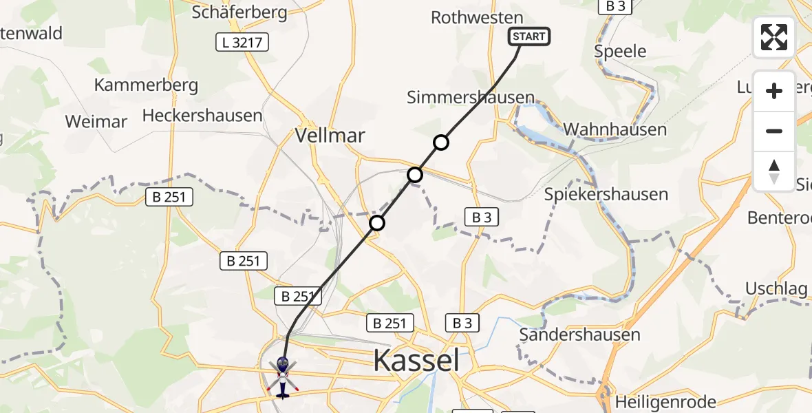 Flugroute Polizeihubschrauber Fuldatal - Kassel, 16 Oktober 2026, 10:24