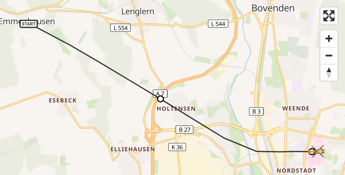 Flugroute Rettungshubschrauber Bovenden - Göttingen University Clinic Hubschrauberlandeplatz, 16 Oktober 2026, 10:25