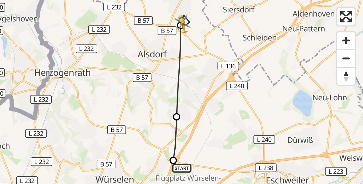 Flugroute Rettungshubschrauber Aachen-Merzbrück Flughafen - Baesweiler, 16 Oktober 2026, 10:25