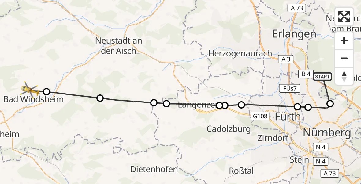 Flugroute Rettungshubschrauber Neunhofer Forst - Bad Windsheim, 16 Oktober 2026, 10:30