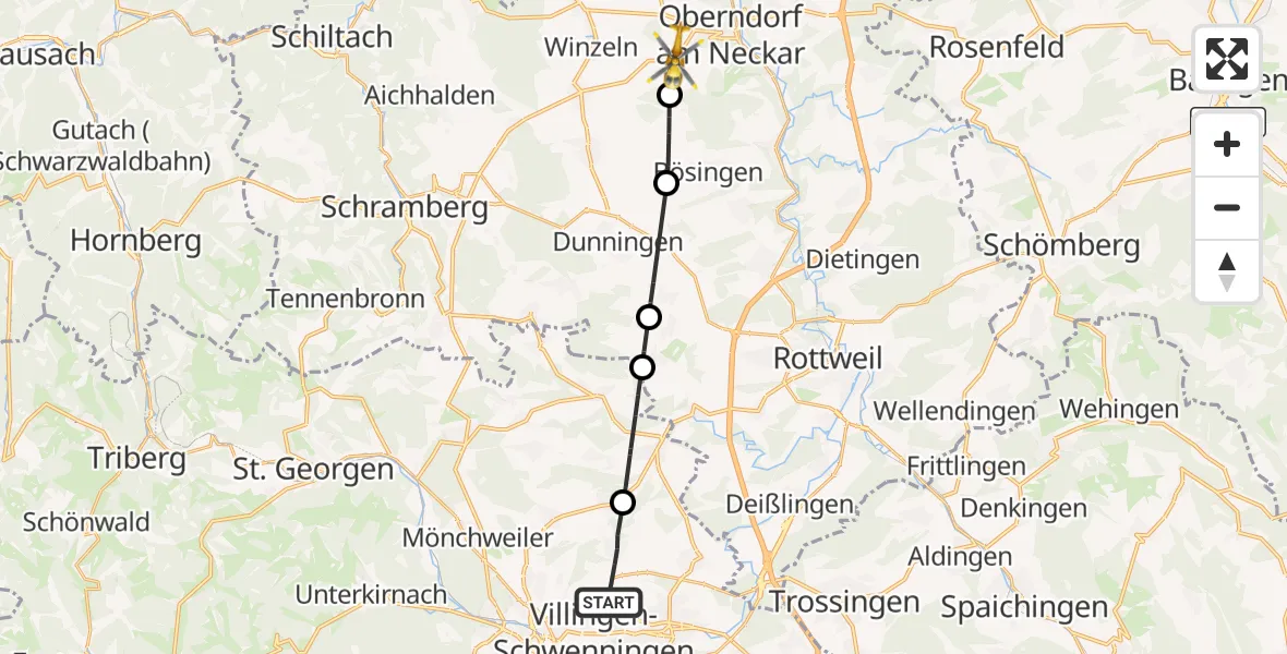 Flugroute Ambulanzhubschrauber Villingen-Schwenningen - Oberndorf am Neckar, 16 Oktober 2026, 10:33